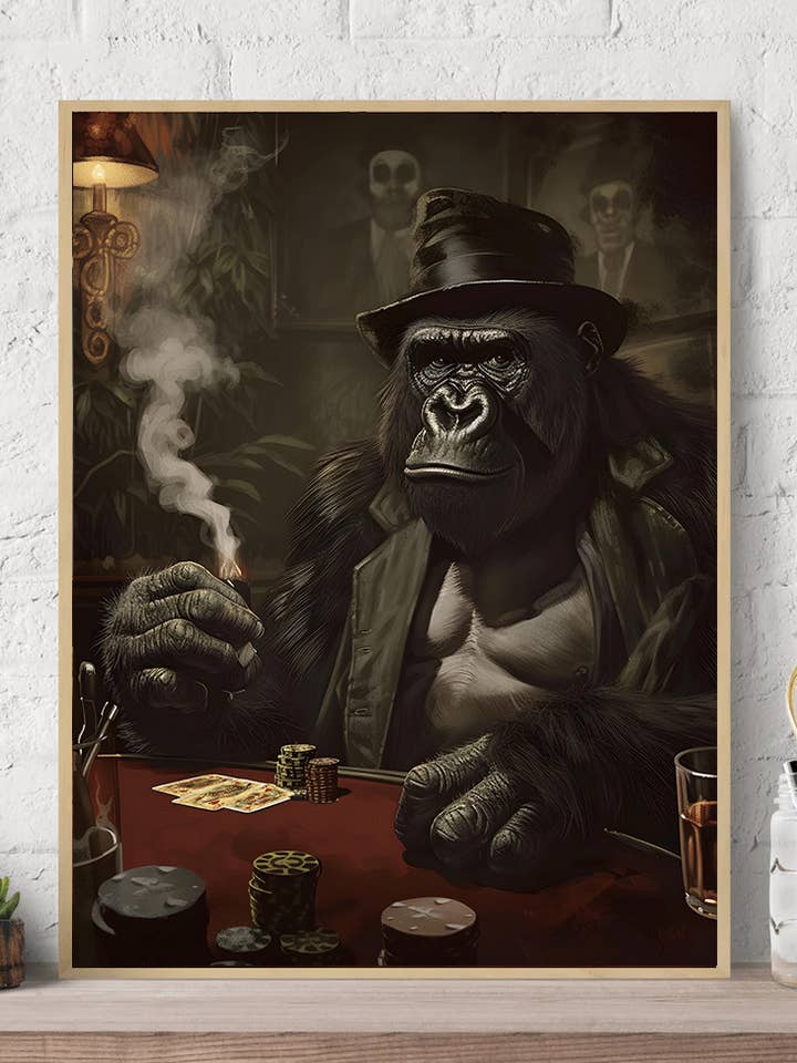 Big Gorilla Poker Night Betting Lærred Vægkunsttryk for engroshandel hos Arttique - Artistry Canvas Prints