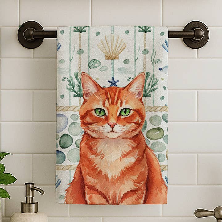 Asciugamano in vetro marino costiero con gatto rosso zenzero solido FNT1364 per la vendita all'ingrosso da parte di Caroline's Treasures