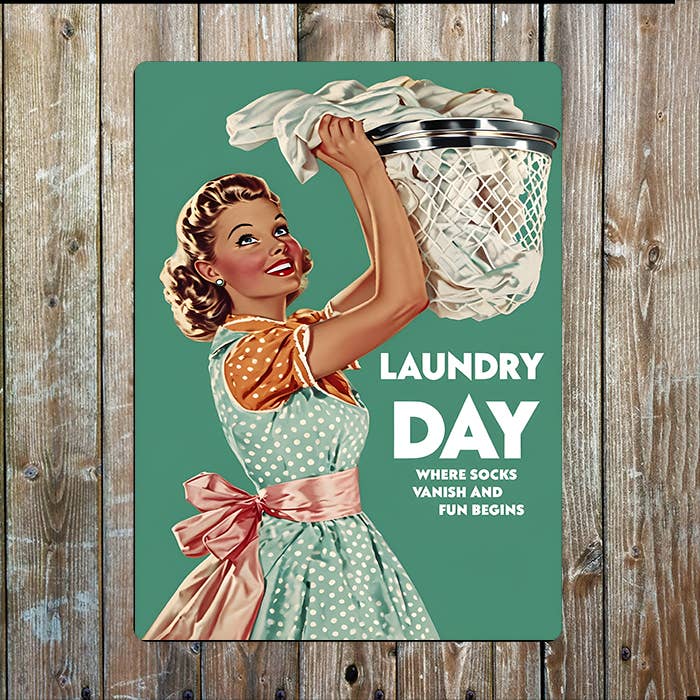 Laundry Day Fun Begins Vintage Retro Metal Sign Plaque for wholesale by The British Metal Signs Company
