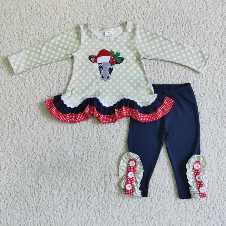 Yawoo Garments - Wholesale Top & Leggings Set - Kids - Cow embroidery ruffle runic leggings girls Christmas outfits