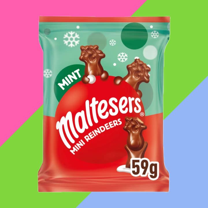 Confezione di Mini Dolcetti di Natale al Cioccolato e Menta Maltesers Reindeer 24x59g per la vendita all'ingrosso da parte di Gaffney's Sweets & Treats Wholesale