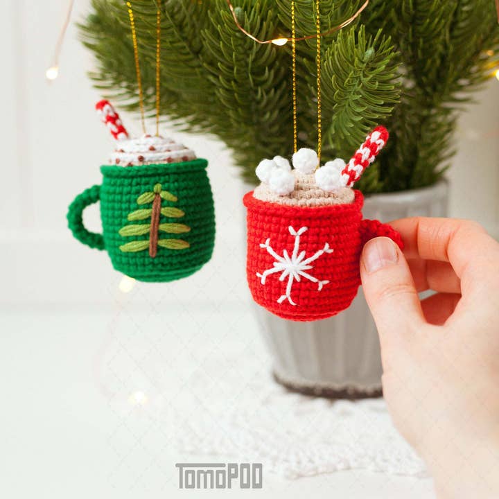Crochet Hot Cocoa with Marshmallows Cup, Christmas Ornaments for wholesale by TOMOPOD LLC