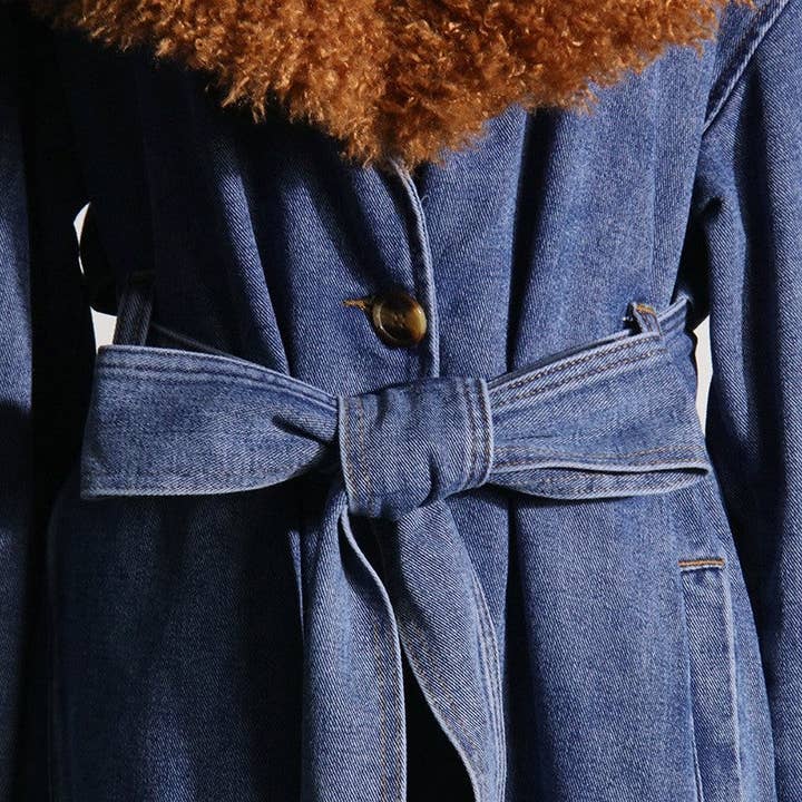 BLUE Detachable Collar Long Denim Style Coat for wholesale on Faire6