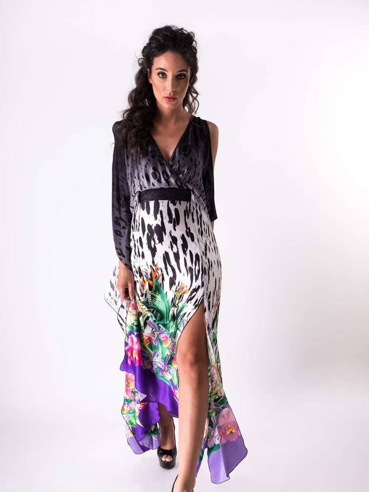 Kaftan de cetim de seda com fendas e cinto escondido por atacado de IDDA