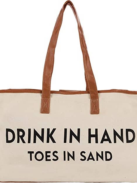 Large Cotton Tote Bag - Drink in hand toes in sand for wholesale by Funky Junque