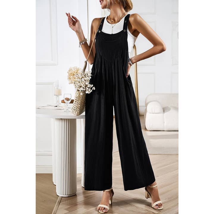 Button Detail Wide Leg Overall Pockets Jumpsuit for wholesale by Supreme Fashion