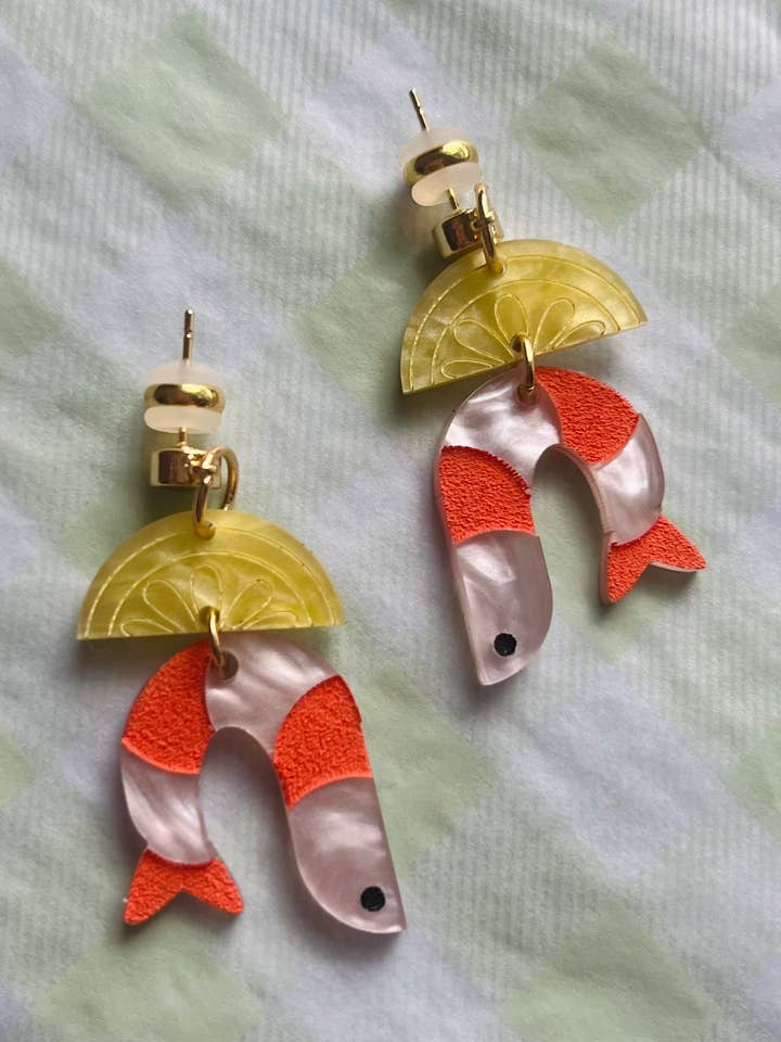 Shrimp Cocktail Acrylic Lightweight Earrings for wholesale by Studio Nena