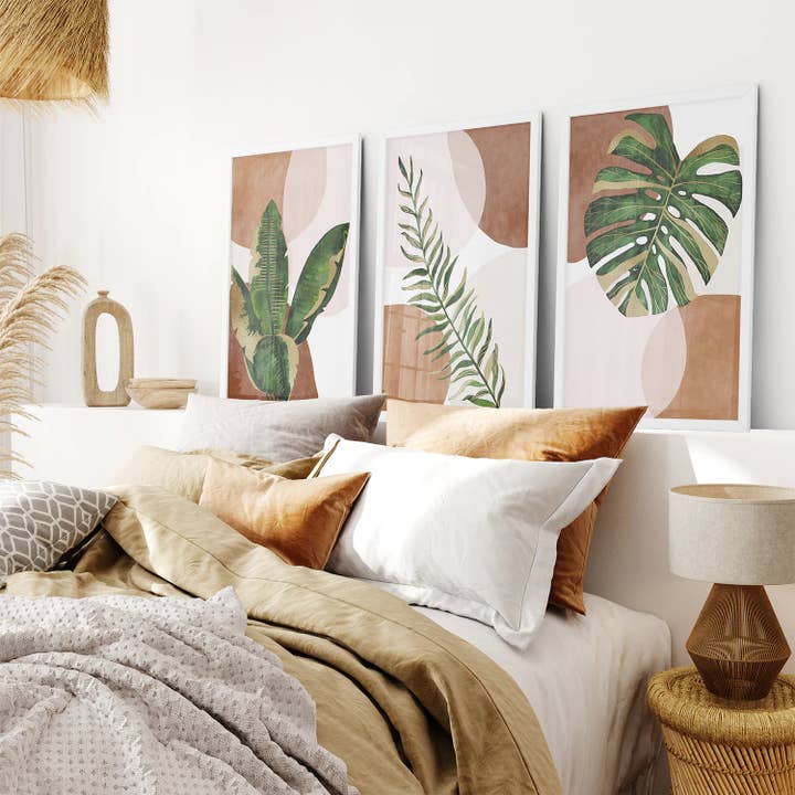 Art Lane - Wholesale Gallery Wall Set - Terracotta Boho Wall Art. Green Tropical Leaves2