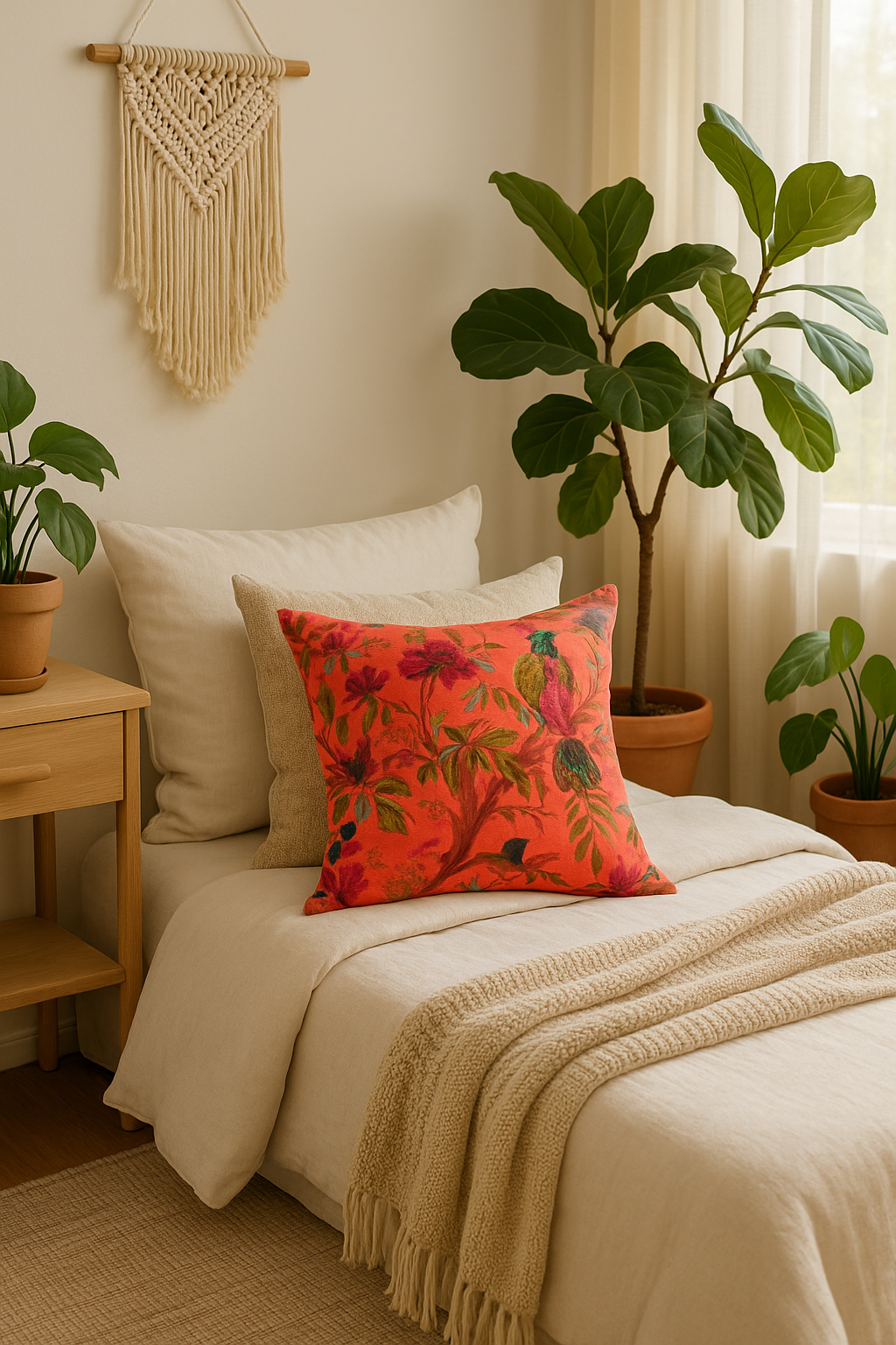 Glamthread – wholesale Throw/decorative pillow – Orange Velvet Cushion with Bird & Floral Print Pillow2