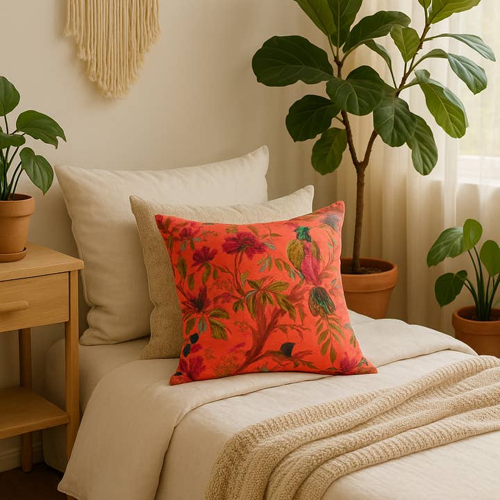 Glamthread - Wholesale Throw/decorative pillow - Orange Velvet Cushion with Bird & Floral Print Pillow2