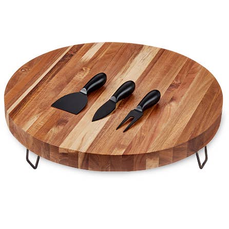 Twine - Wholesale Cheese Board - 16" Metal Footed Acacia Cheese Board & Knives Set - Set of 3