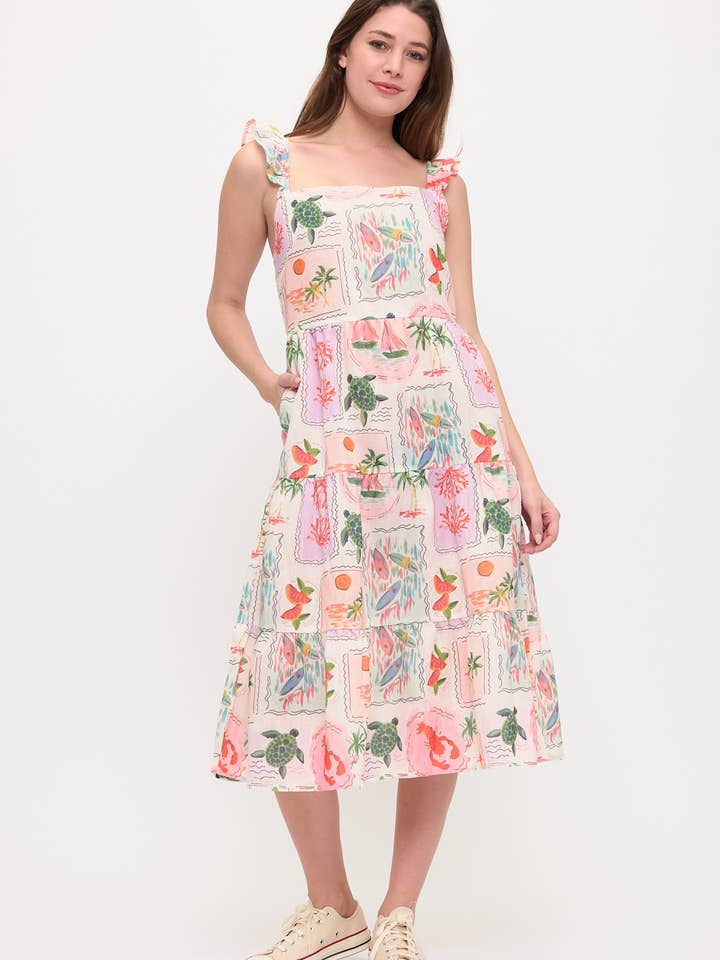 ROBE MIDI À MANCHES VOLANTS IMPRIMÉE VACANCES CÔTIÈRES pour la vente par SM WARDROBE