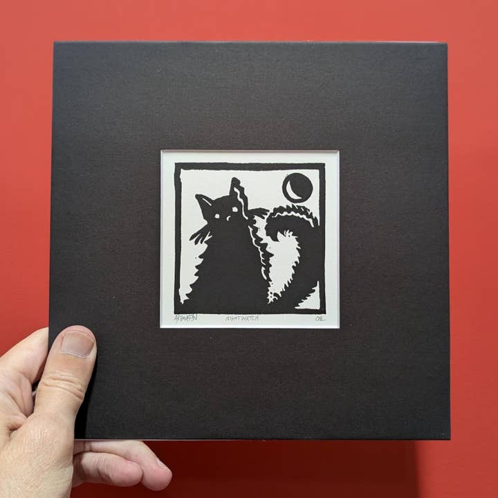 Block Print - Nightwatch, black cat hand carved and printed for wholesale by Black Cat Oracle Cards
