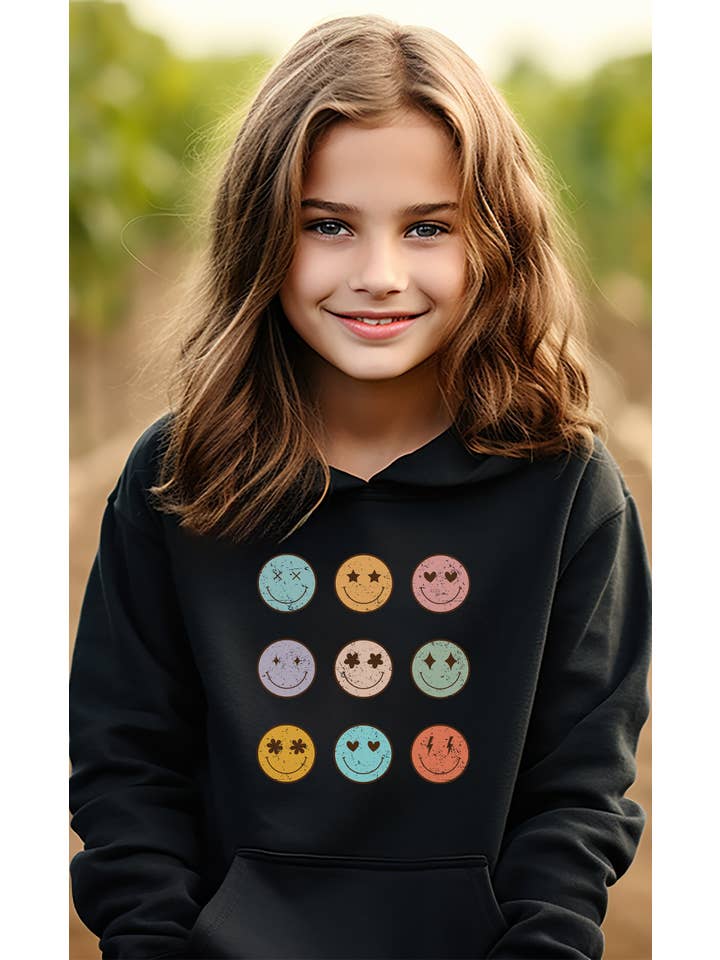 Kids By Kissed Apparel – wholesale Hoodie - Barn – Pastell Smiley Faces Grid Grafisk Huvtröja för barn
