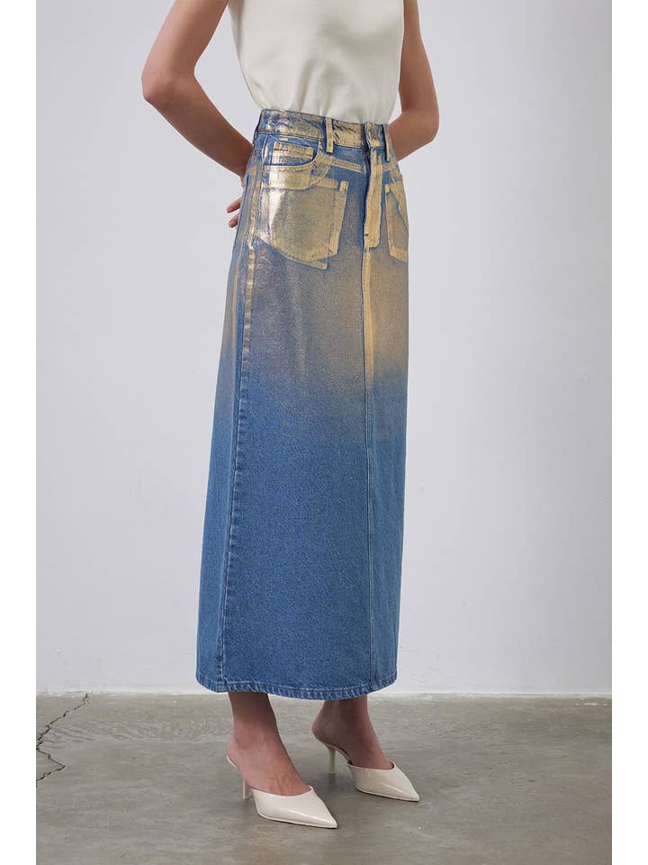 Kadriye Baştürk - Wholesale Skirt - Women's - Bright Printed Denim Pencil Skirt Gold