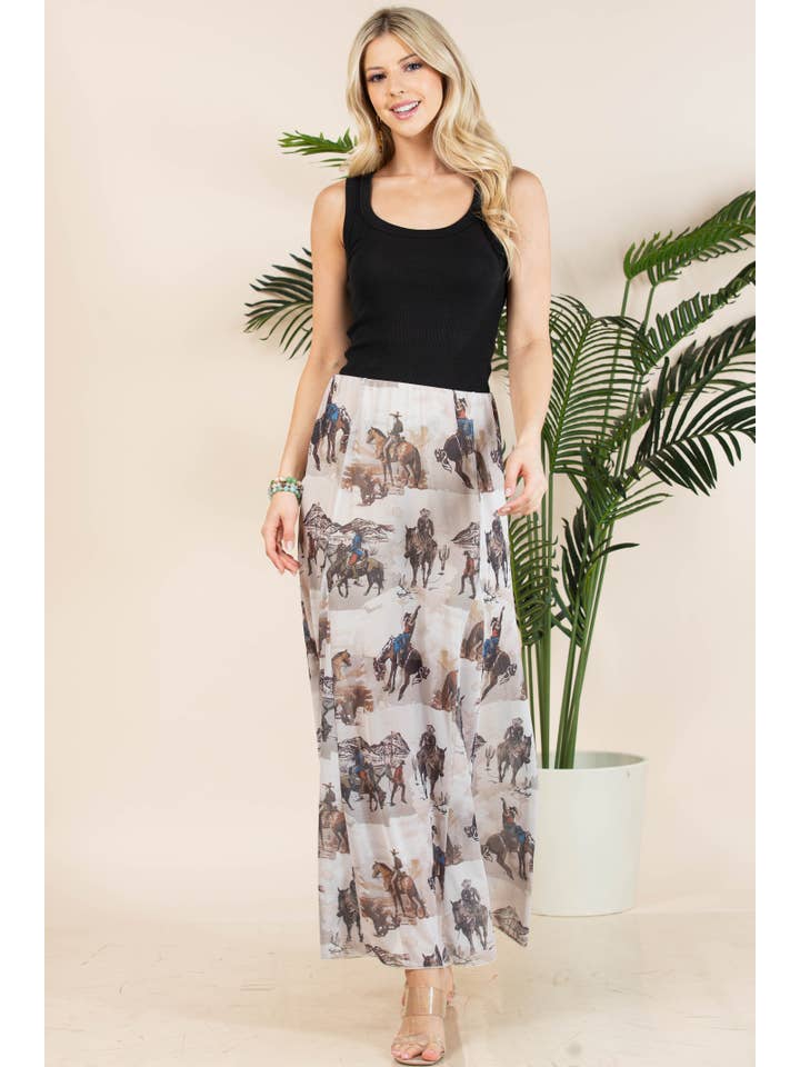 Mocha Multi AS1300-TANIA COWBOY PRINT LINED FULL MESH SKIRT for wholesale on Faire4