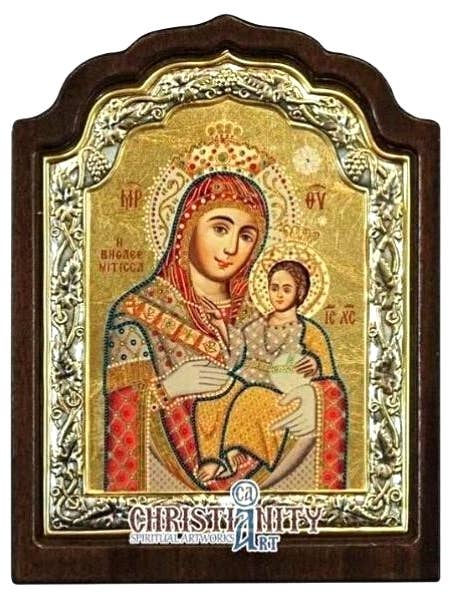 Virgin Mary of Bethlehem Icon–Arched, Engraved Silver, Gold for wholesale by The Art of the Icon