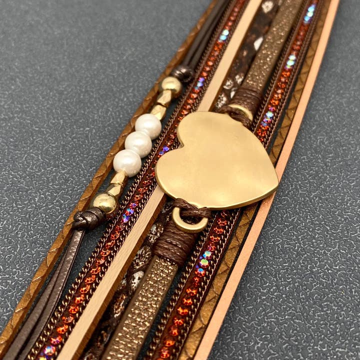 Mio Queena - Wholesale Charm/Dangle Bracelet - LB - Heart Charm Multilayer Rhinestone Leather Boho Bracelet1