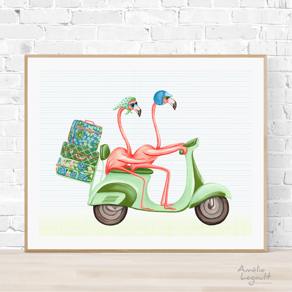 Sardines Studio - Wholesale Art Print - Flamingos Riding a Scooter Art Print1