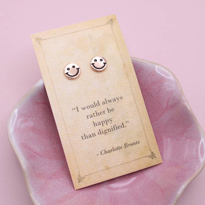 ZAD - Wholesale Stud/Post Earrings - Literary Quotes Gold Happy Face Post Earrings
