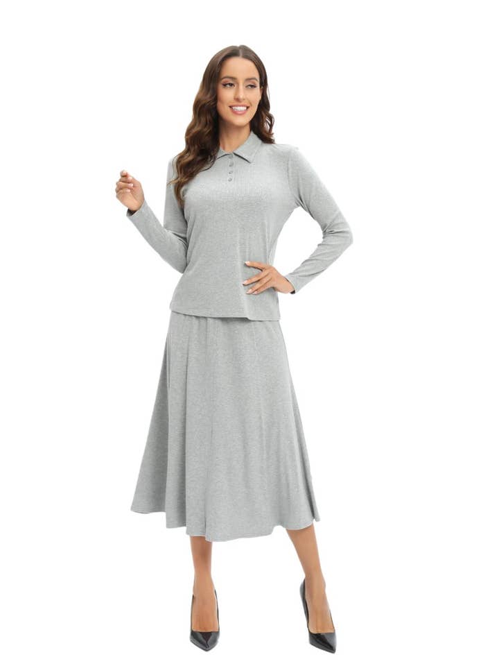 Grey Jersey Polo Shirt and Matching Skirt Set for wholesale by Miss Finch NYC
