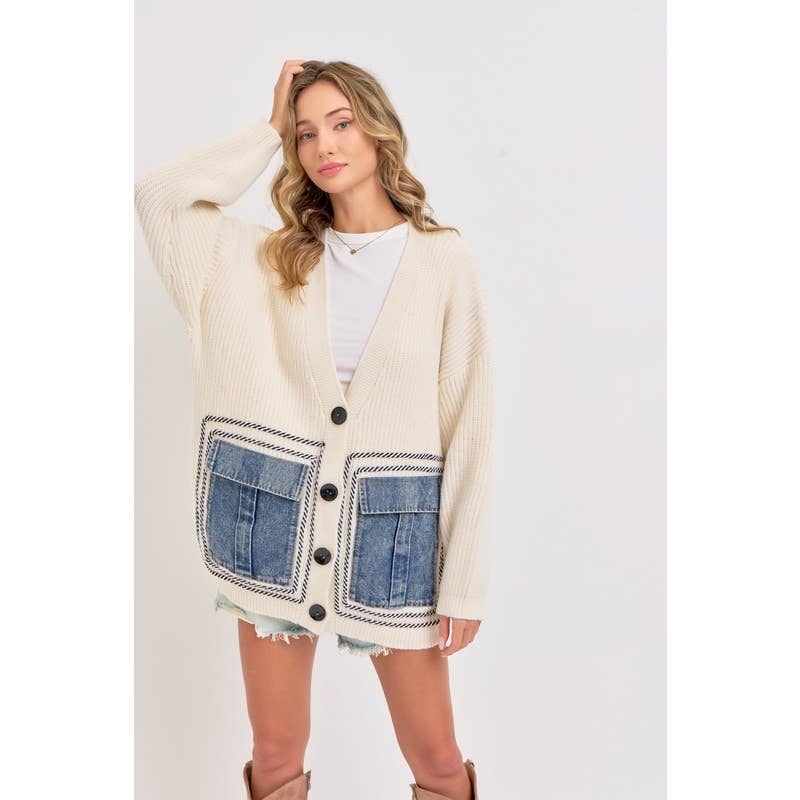 IVORY Knit Sweater Cardigan with Denim Pockets for wholesale on Faire6