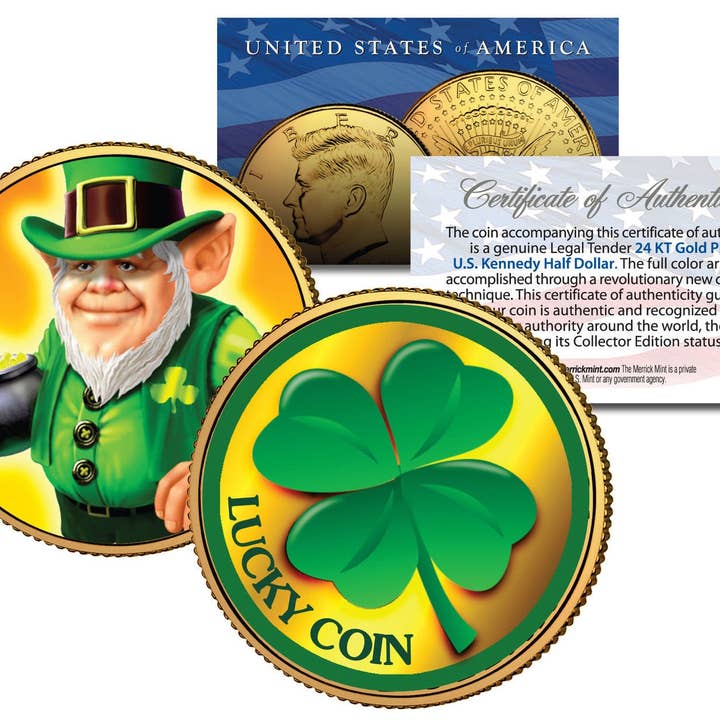 Lucky Leprechaun & Four Leaf Clover * 2-Sided * 24K Gold Plated John F. Kennedy Half Dollar Coin - Ships Fast! Free Ship To U.S. for wholesale by The Merrick Mint