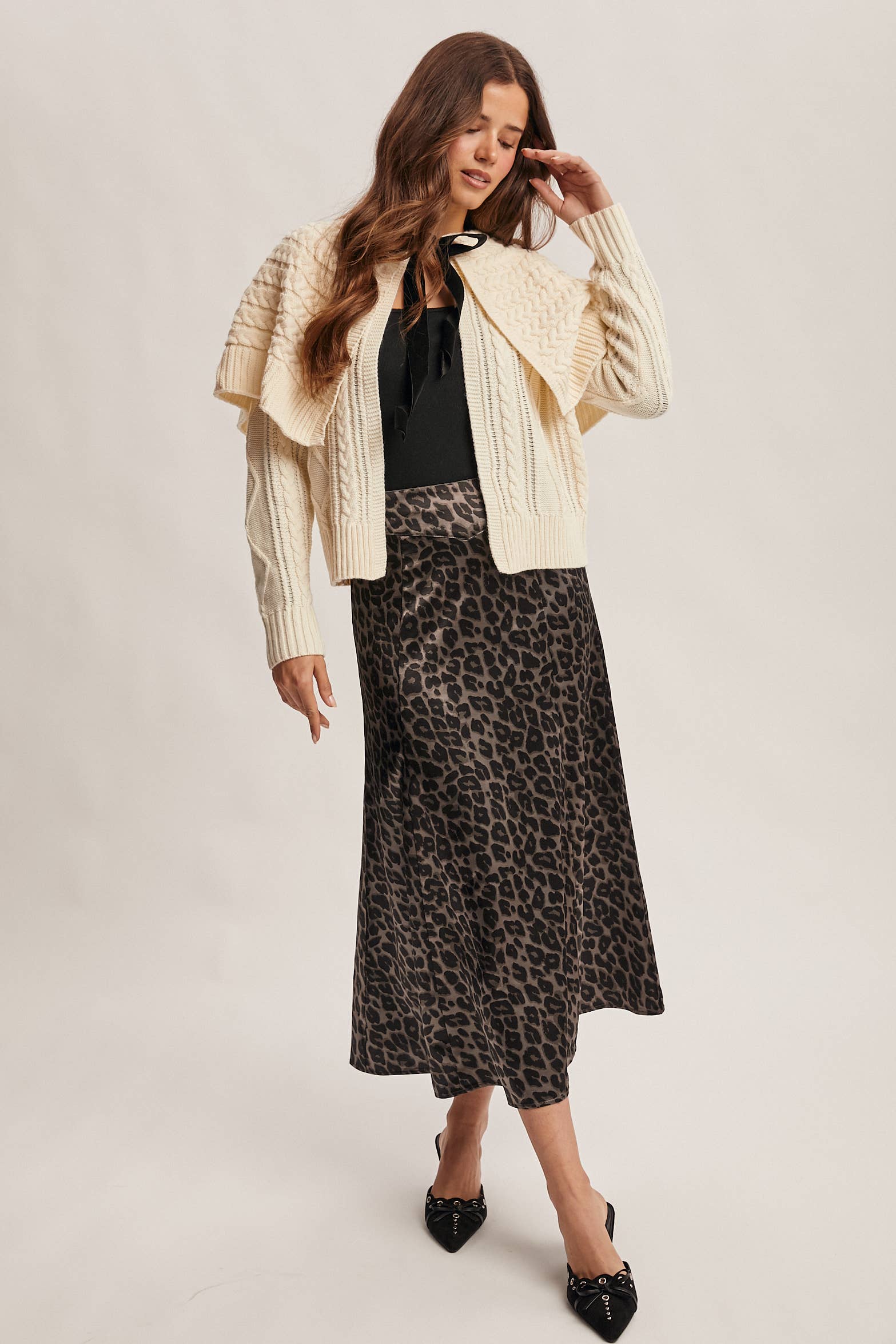 Forte – Saia - Mulher por atacado – Saia Midi de Cetim com Estampa de Leopardo FSK000716