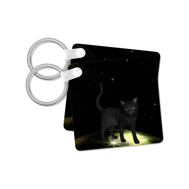 3dRose, Zwarte Kat Op Gloeiende Spectrale Bal Met Sterrenhemel, Sleutelhanger voor wholesale door 3dRose