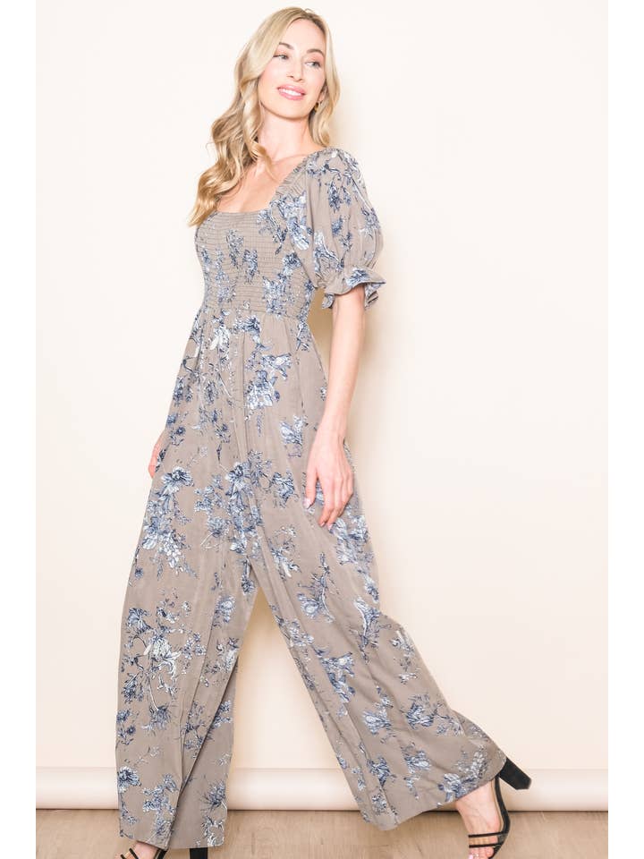 Elloh Collection - Wholesale Jumpsuit - Women's - Square Neck Puff Sleeve Wide Leg Antique Floral Jumper 16