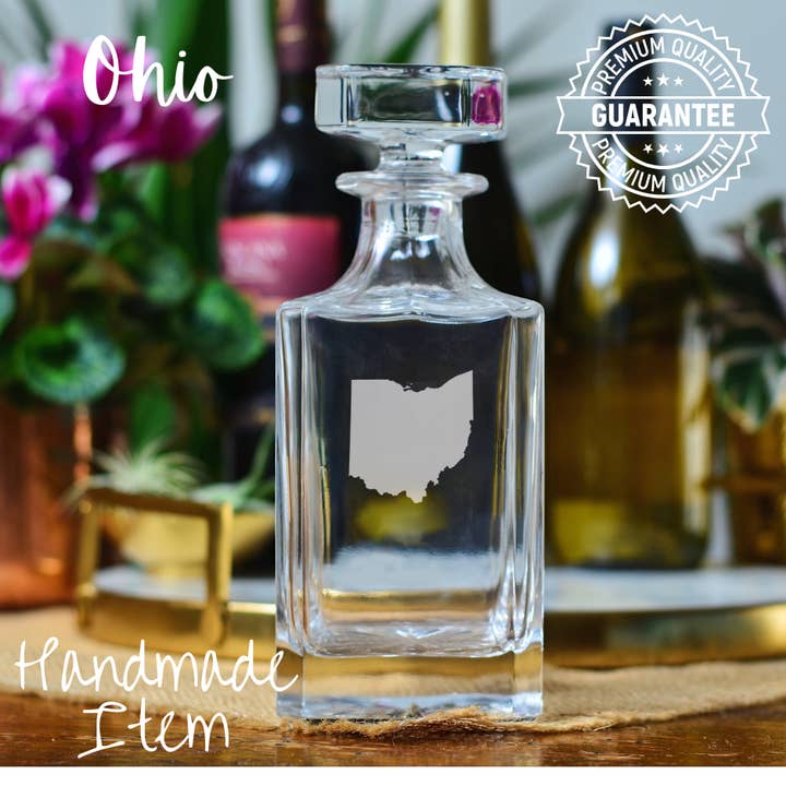 State of Ohio Etched Glass Whiskey Decanter for wholesale by Honeysuckle Home