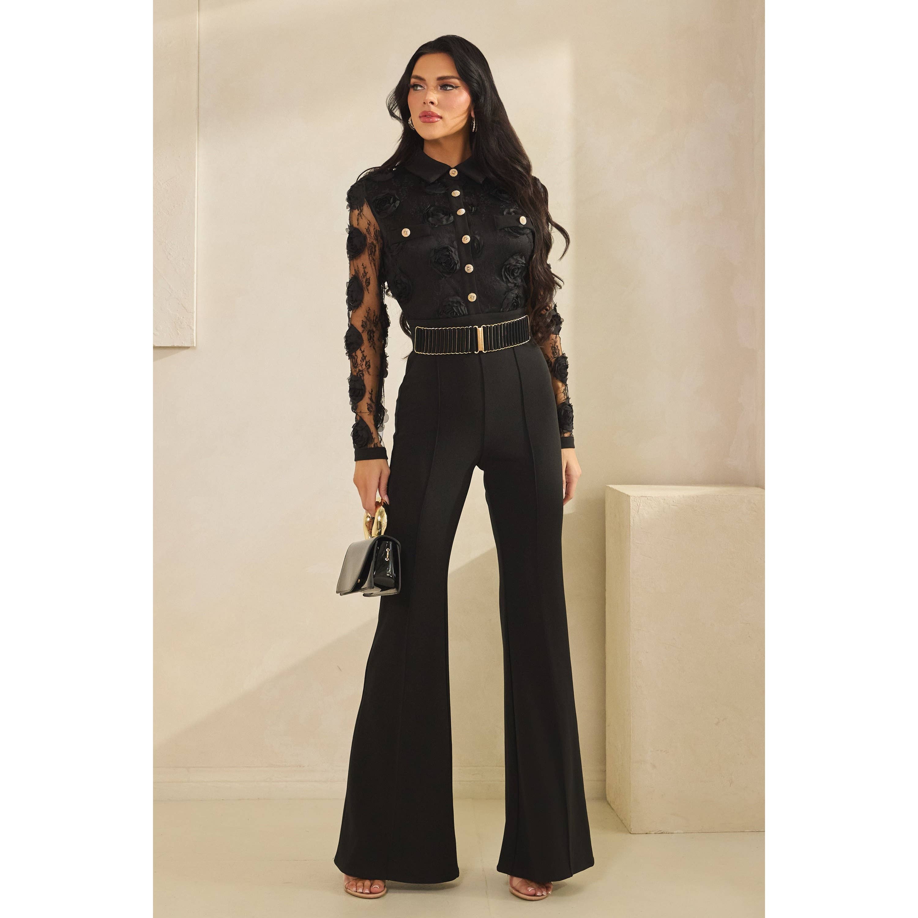 BLACK Long Sleeve 3d Lace Shirt Jumpsuit for wholesale on Faire1