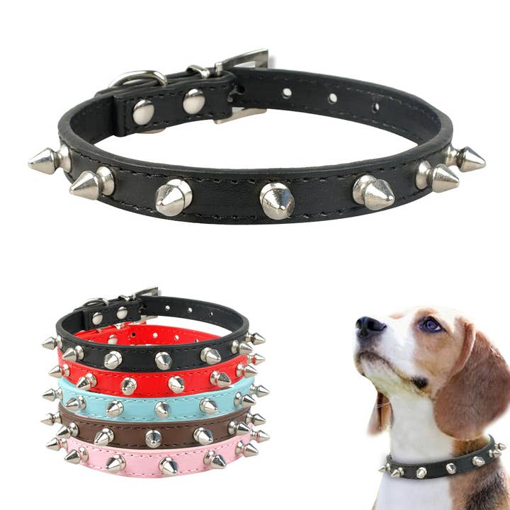Leather Pet Collar w One Row Spike Studded for wholesale by Rhinestone Belt Store