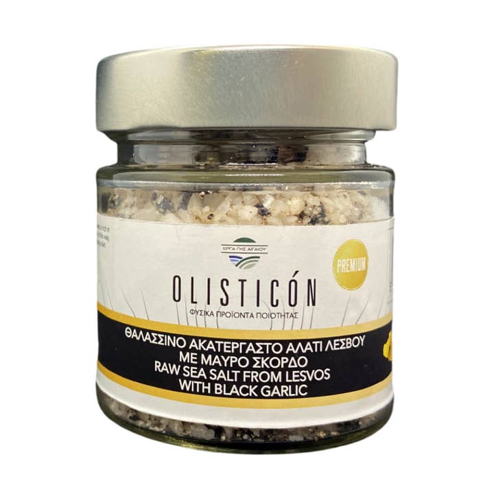 NATURAL UNREFINE SEA SALT OF LESVOS GREECE WITH BLACK GARLIC for wholesale by OLISTICON