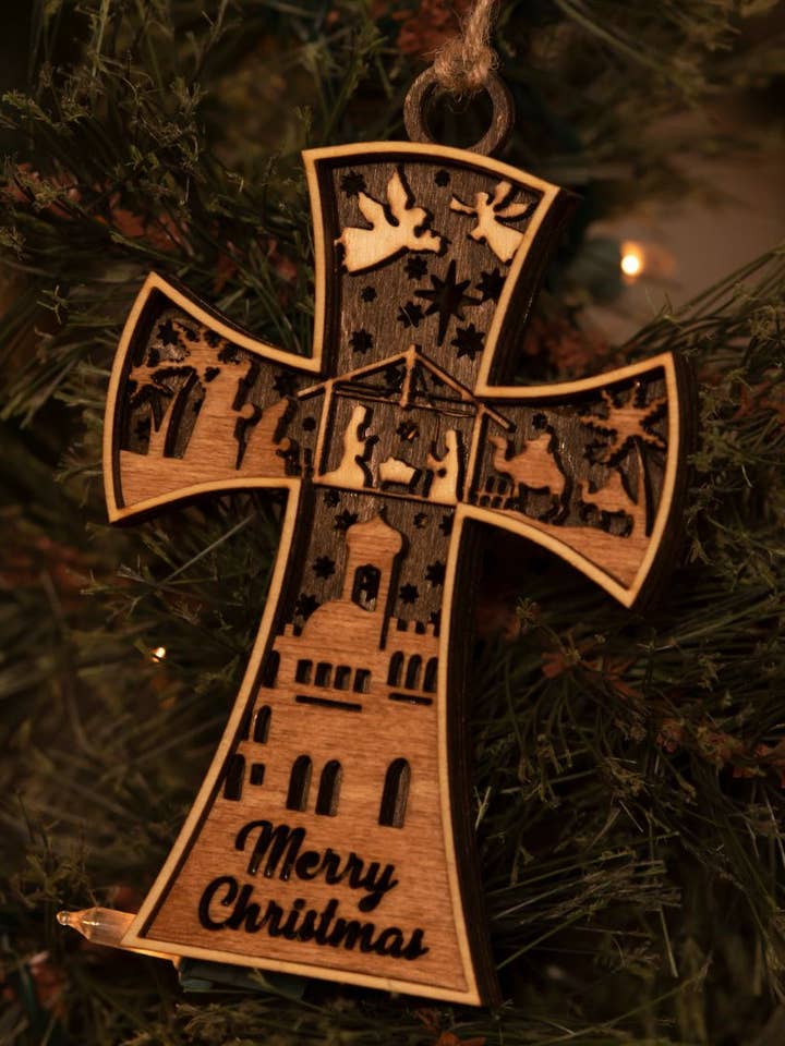 Nativity Cross Christmas Ornament for wholesale by Timeless Engraving
