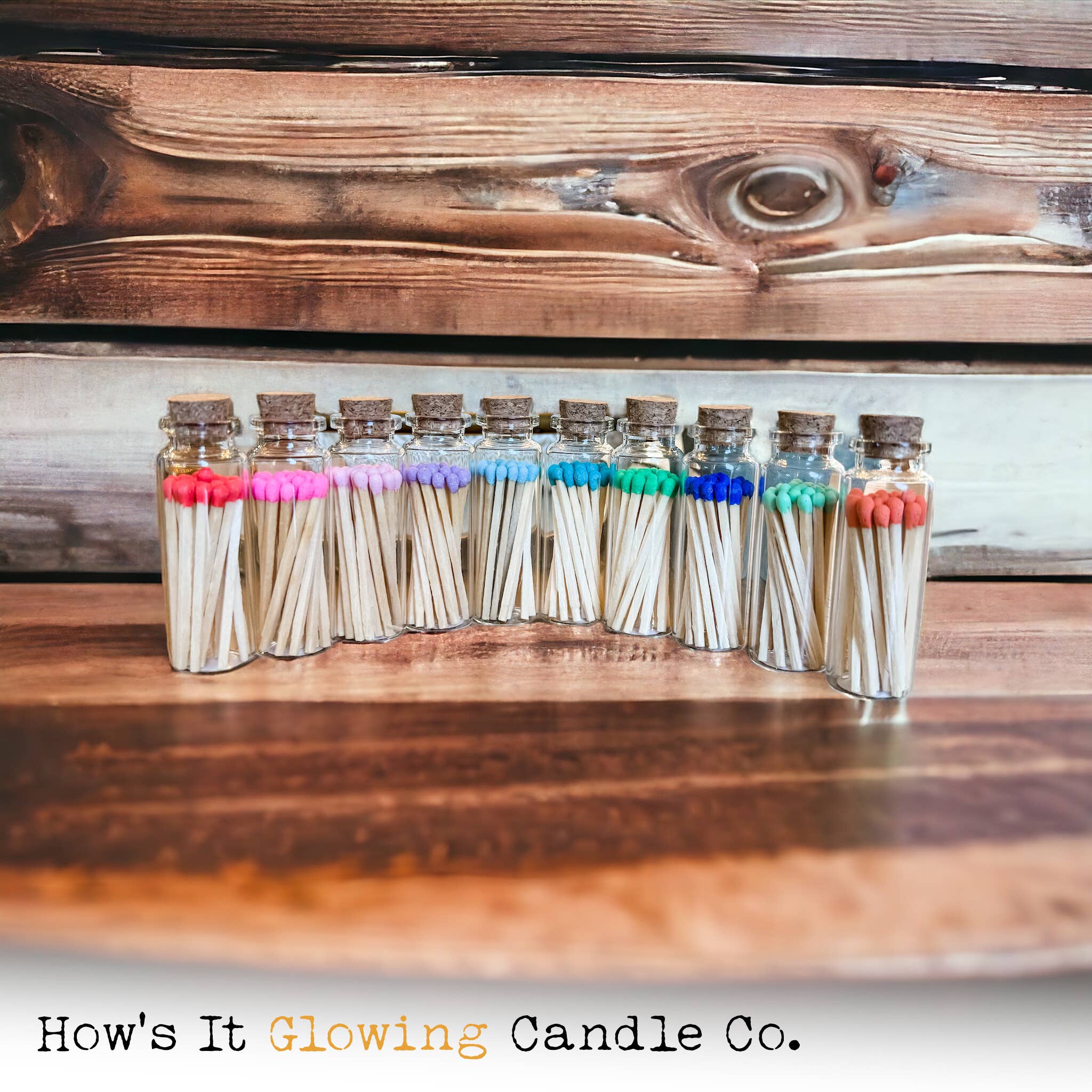 How's It Glowing Candle Co. - Wholesale Matches - Apothecary Vial Safety Matches & Striker | Glass w Cork Lid3