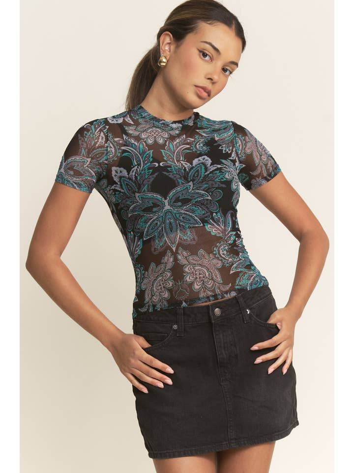 YNEZ - Wholesale Blouse - Women's - Boho Paisley Crew Neck Mesh Dressy Cocktail Top Tee31