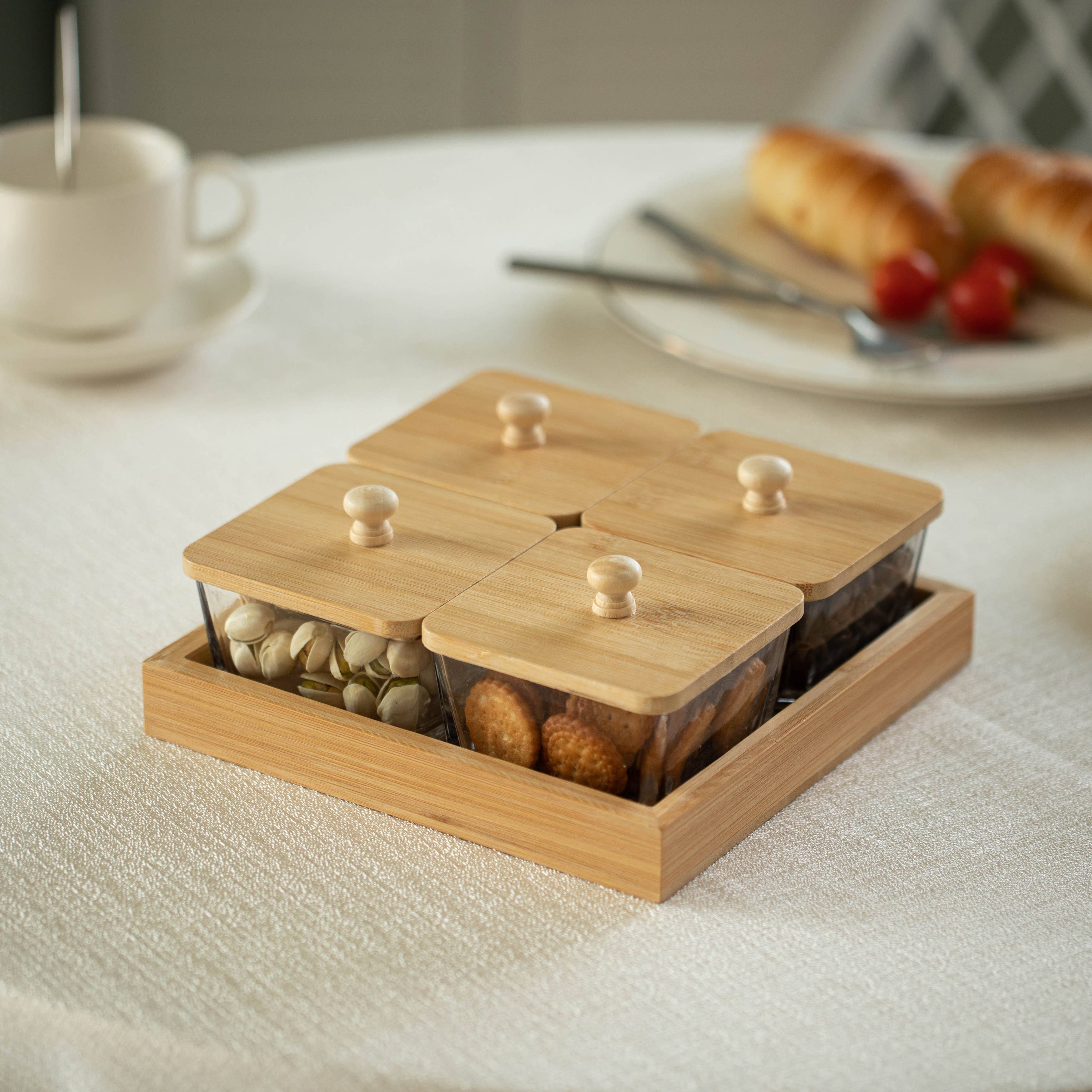 Quickway Imports - Wholesale Kitchen Storage/Organizer - Basicwise Glass Jars with Bamboo Lids and Wooden Tray2