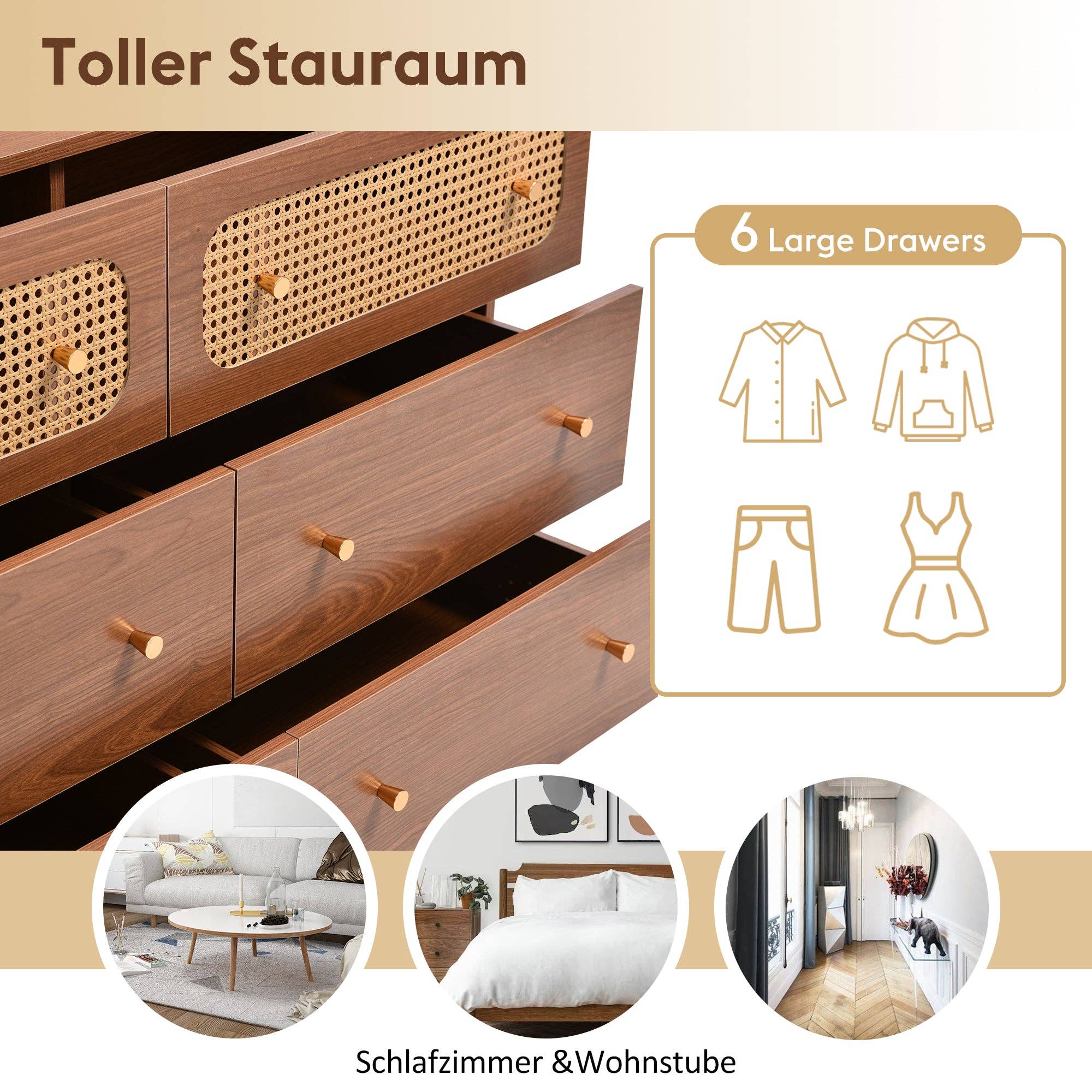 Urban Meuble - Wholesale Cabinet - Vintage sideboard with 6 rattan drawers, golden handles and legs, 120*90*40cm DELMO25