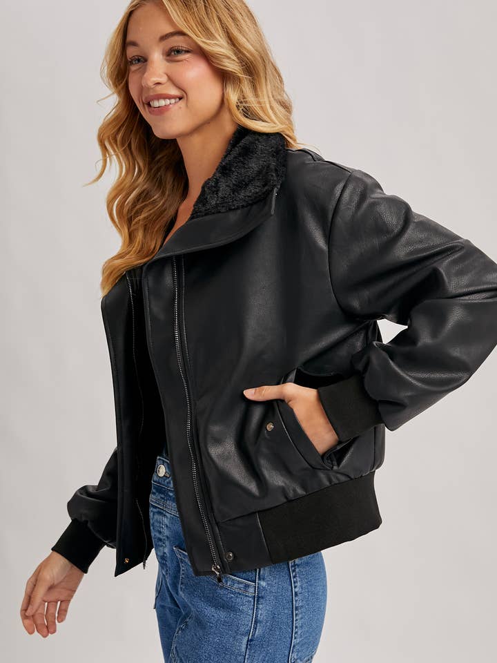 Bluivy - Wholesale Bomber Jacket - Women's - AVIATOR FAUX LEATHER AND FUR TRIMMED BOMBER JACKET3