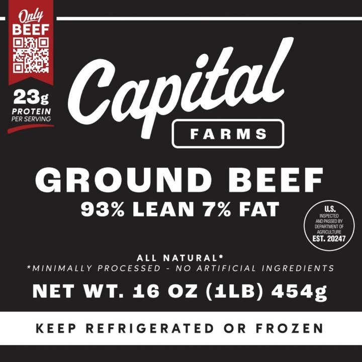 Capital Farms Meats & Provisions - Wholesale Beef - Ground Beef 93% Lean 7% Fat - 1lb