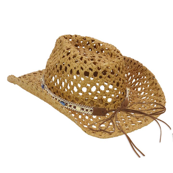 Cap Zone – wholesale Cowboy Hat – Women’s – Gemstone Band Coastal Crochet Fishnet Cowboy Hat10