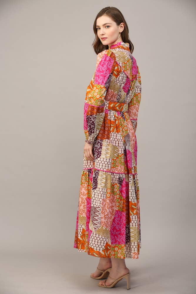 FUCHSIA/ORANGE/LILLA MIDIKJOLE I PATCHWORK BOMULDSDETALJER MED BÆLTE FD32154 for engroshandel på Faire6