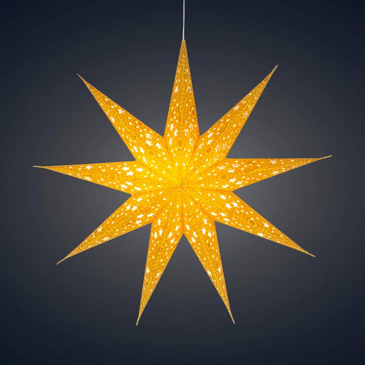 Artschatz LLC – wholesale Papperslykta/-lampa – Hrim Stjärna 9 Uddar 16" Guld med Guldglitter Pappersstjärnlykta0