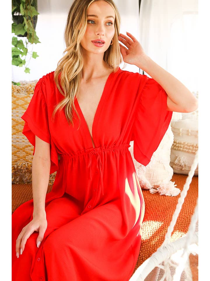 Vine & Love - Wholesale Dress - Women's - V-neck shirring flutter sleeve maxi dress VD810498