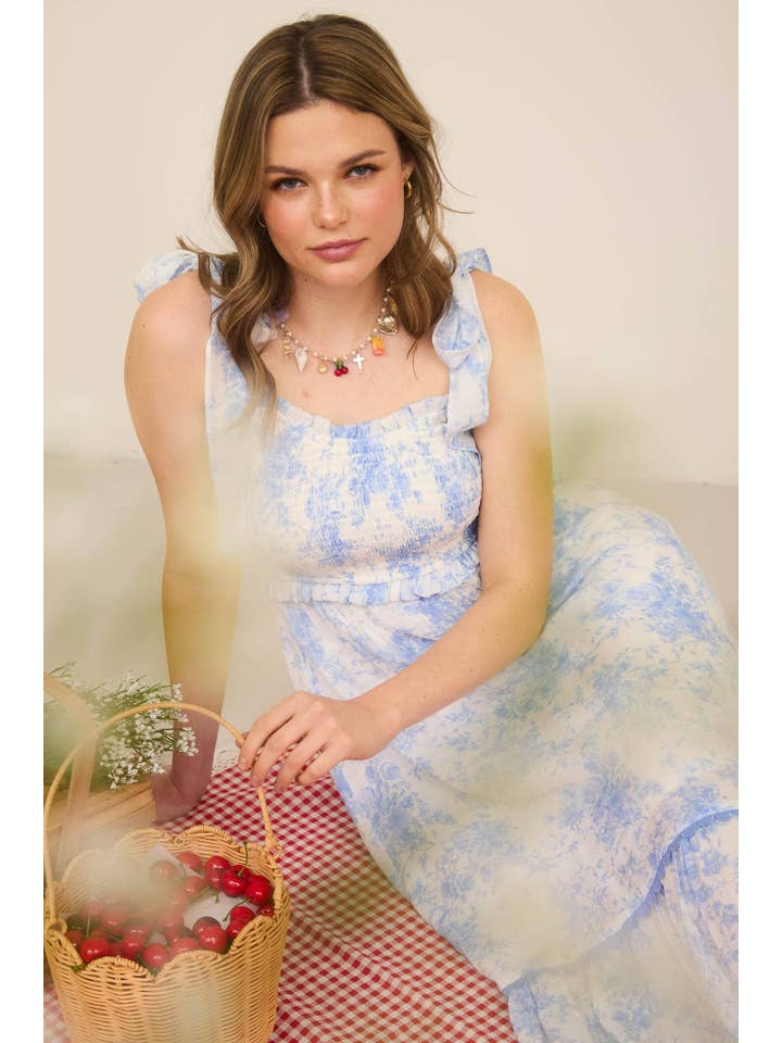 MINE - Wholesale Dress - Women's - FLORAL SMOCKED SWEETHEART RUFFLE TRIM MIDI DRESS