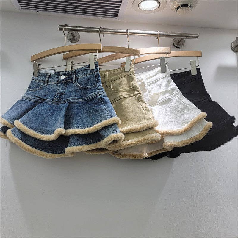 Sanyao Fashion – wholesale Skirt – Women’s – 1M260 Retro Fur-Trimmed Denim Layered Skirt for Autumn8