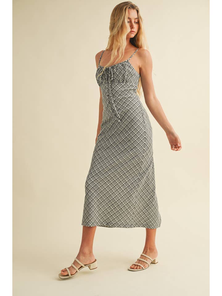 Mustard Seed - Wholesale Dress - Women's - TEXTURED PLAID DRAWSTRING NECK MIDI DRESS