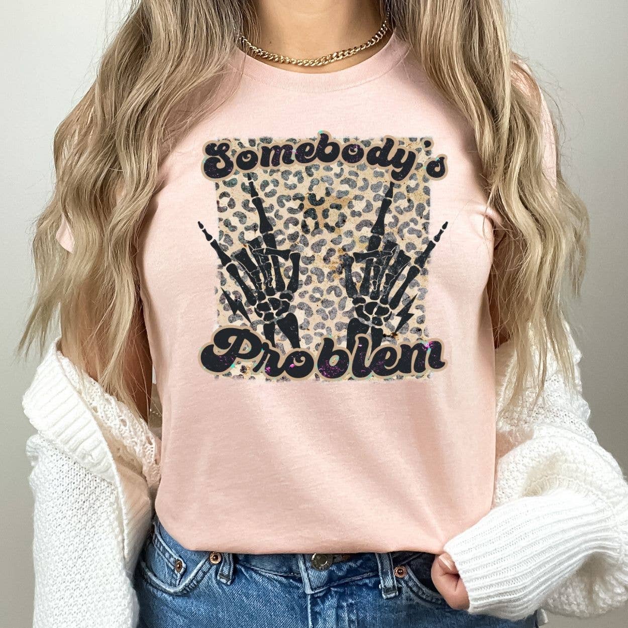 Simply Tees - Wholesale Screen Printed T-Shirt - Women&#x27;s - Leopard Somebody&#x27;s Problem Peach Tee1