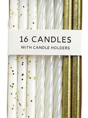 Gold & White Glitter 16 Candle set for wholesale by Party Partners